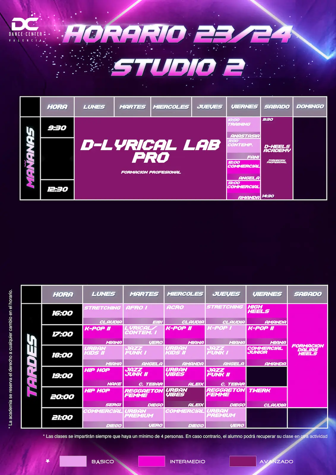 horario de sala 2 Dance Center Valencia 2023-24