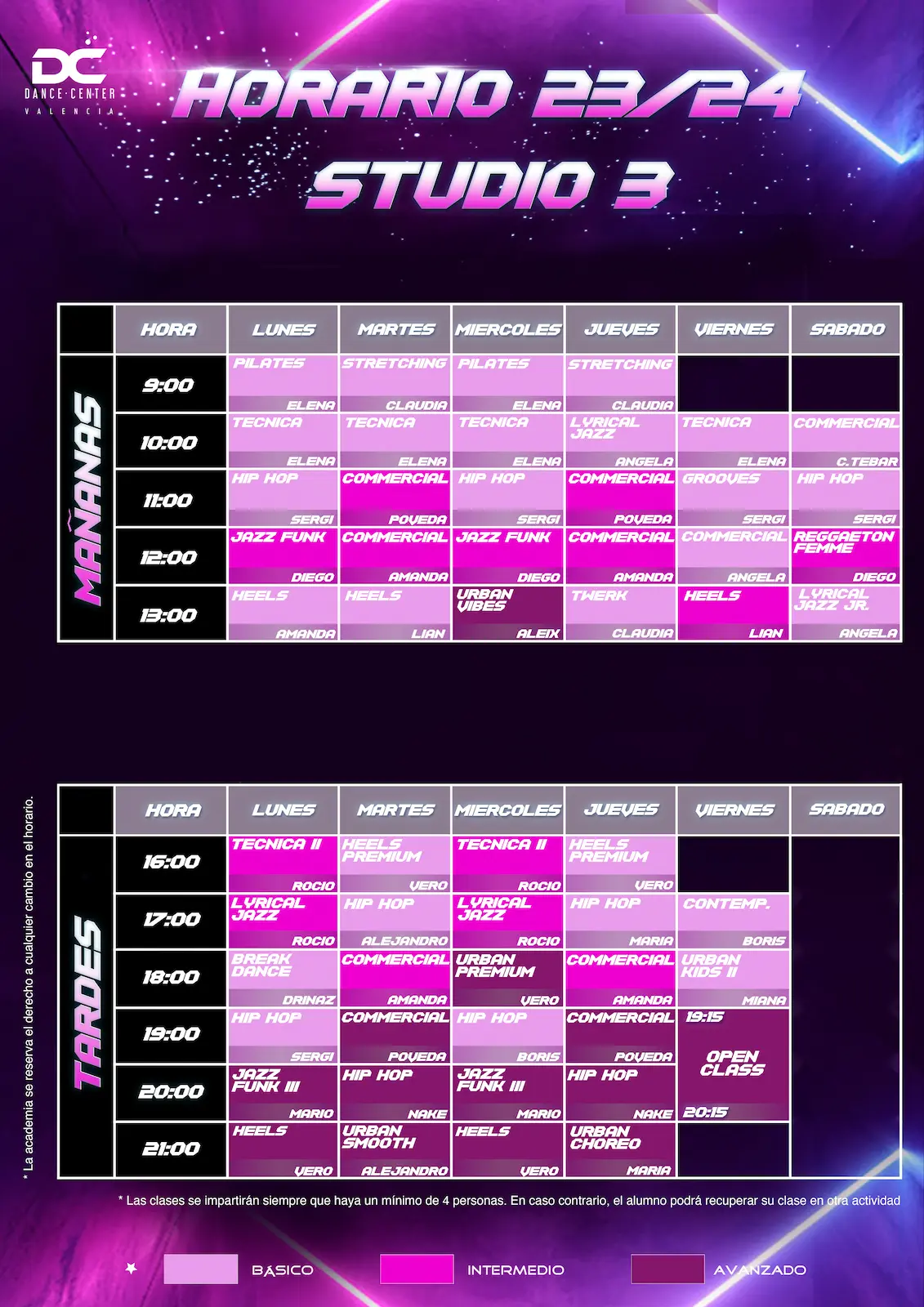 horario de sala 3 Dance Center Valencia 2023-24