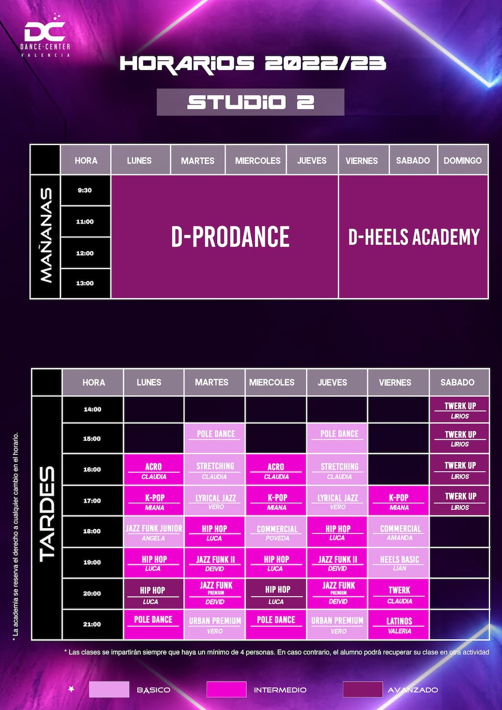 horario de actividades studio 2