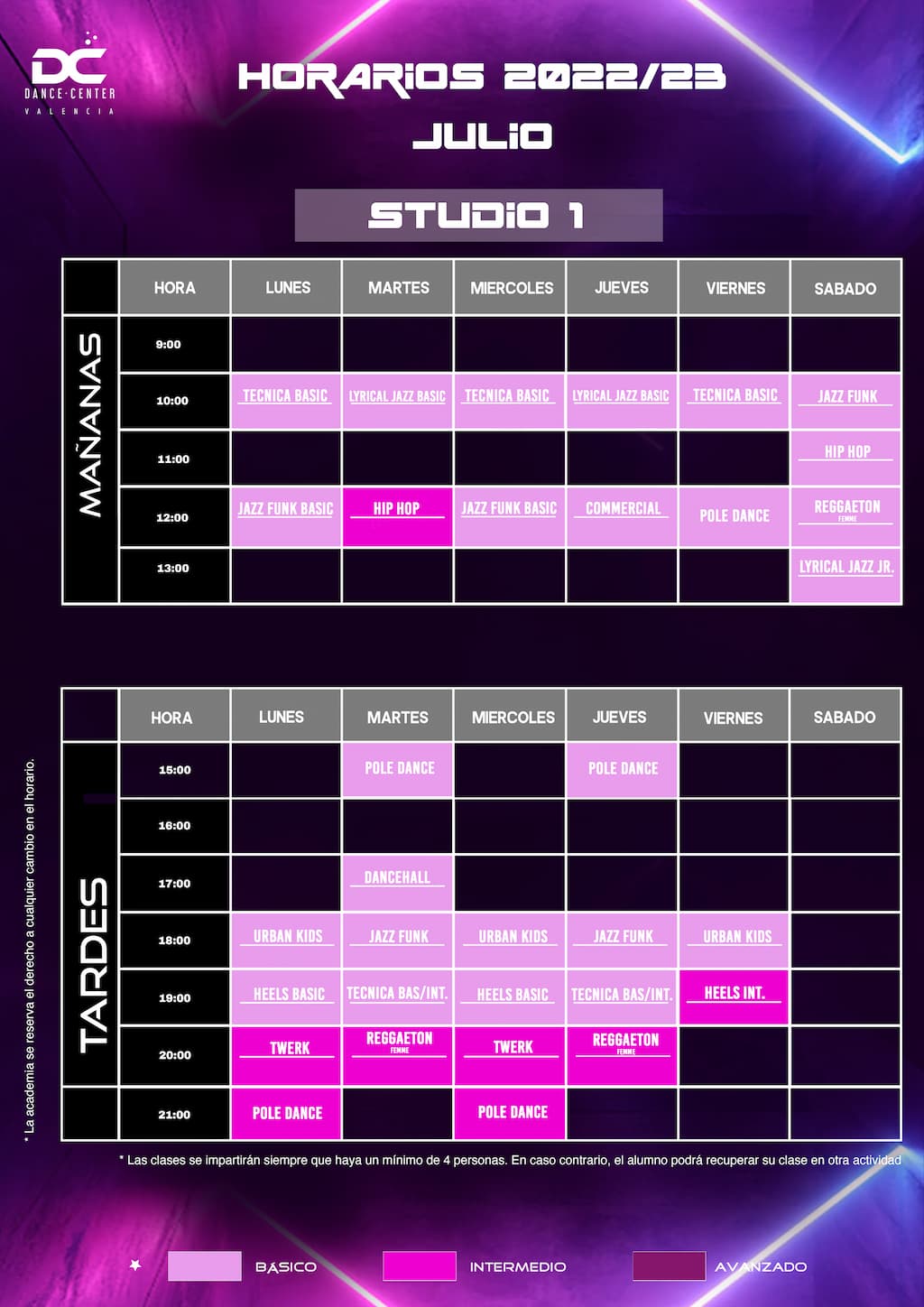 horario de la sala Studio 1 mes de julio