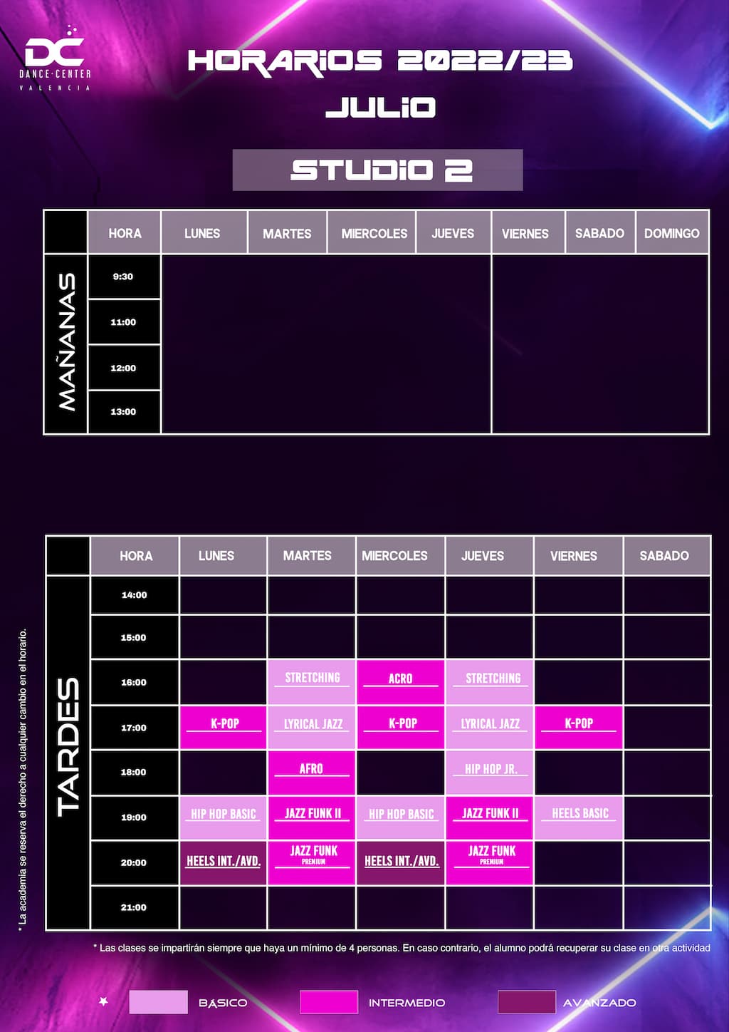 horario de la sala Studio 2 mes de julio