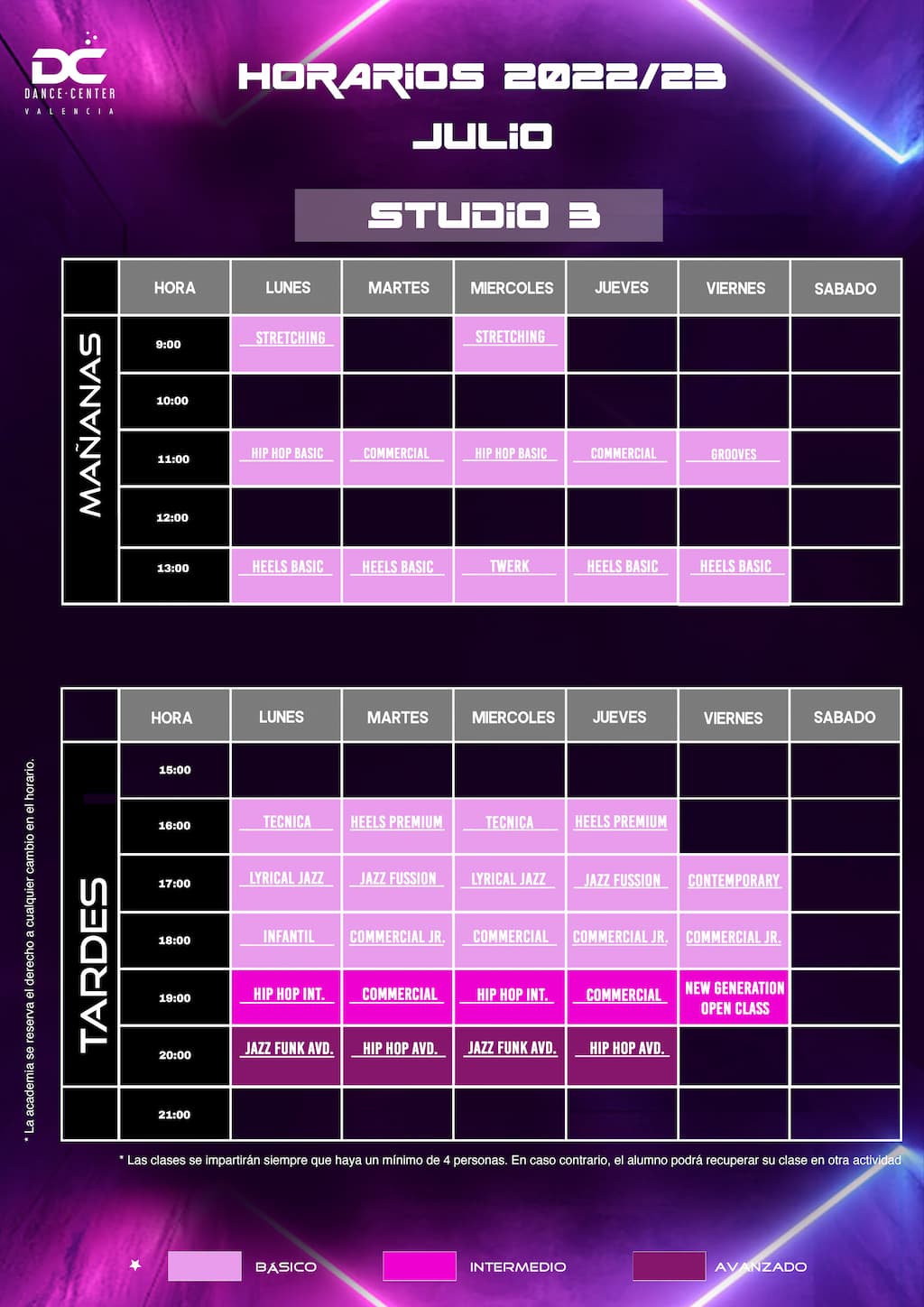 horario de la sala Studio 3 mes de julio