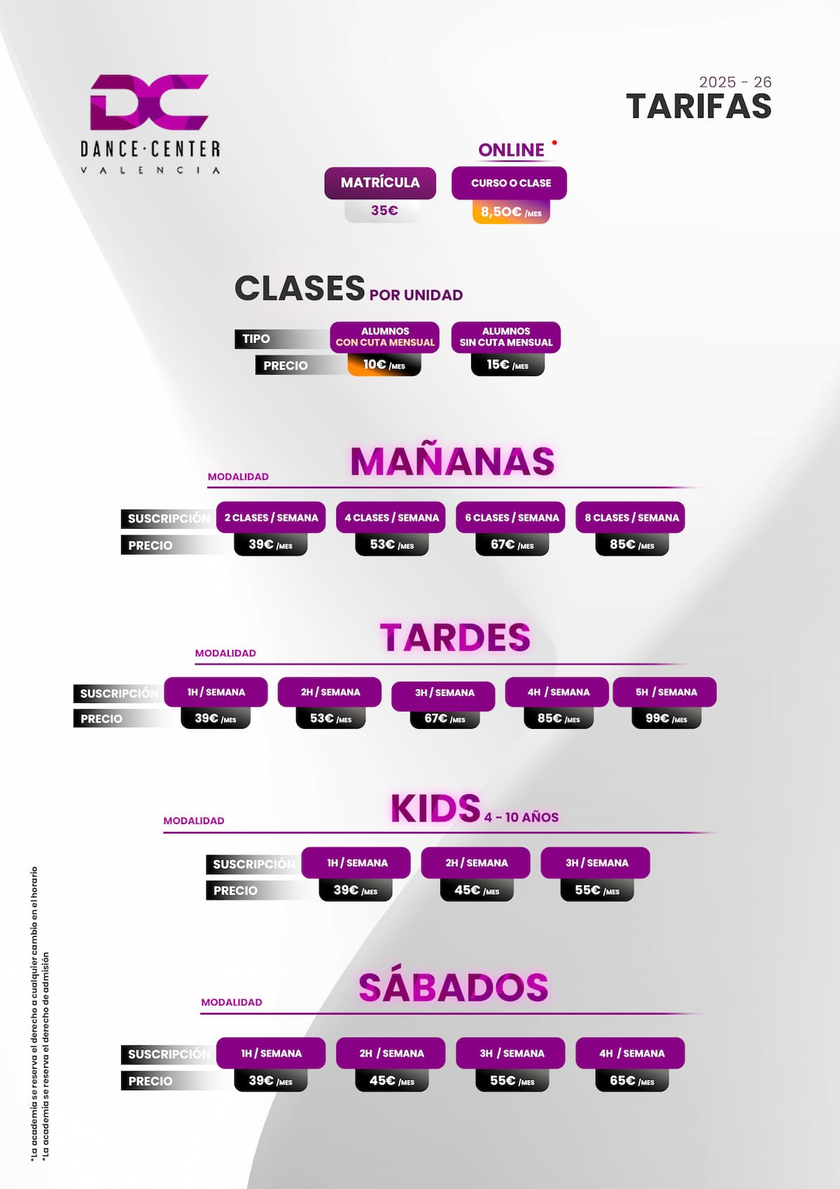 tarifas dance center valencia curso 25/26