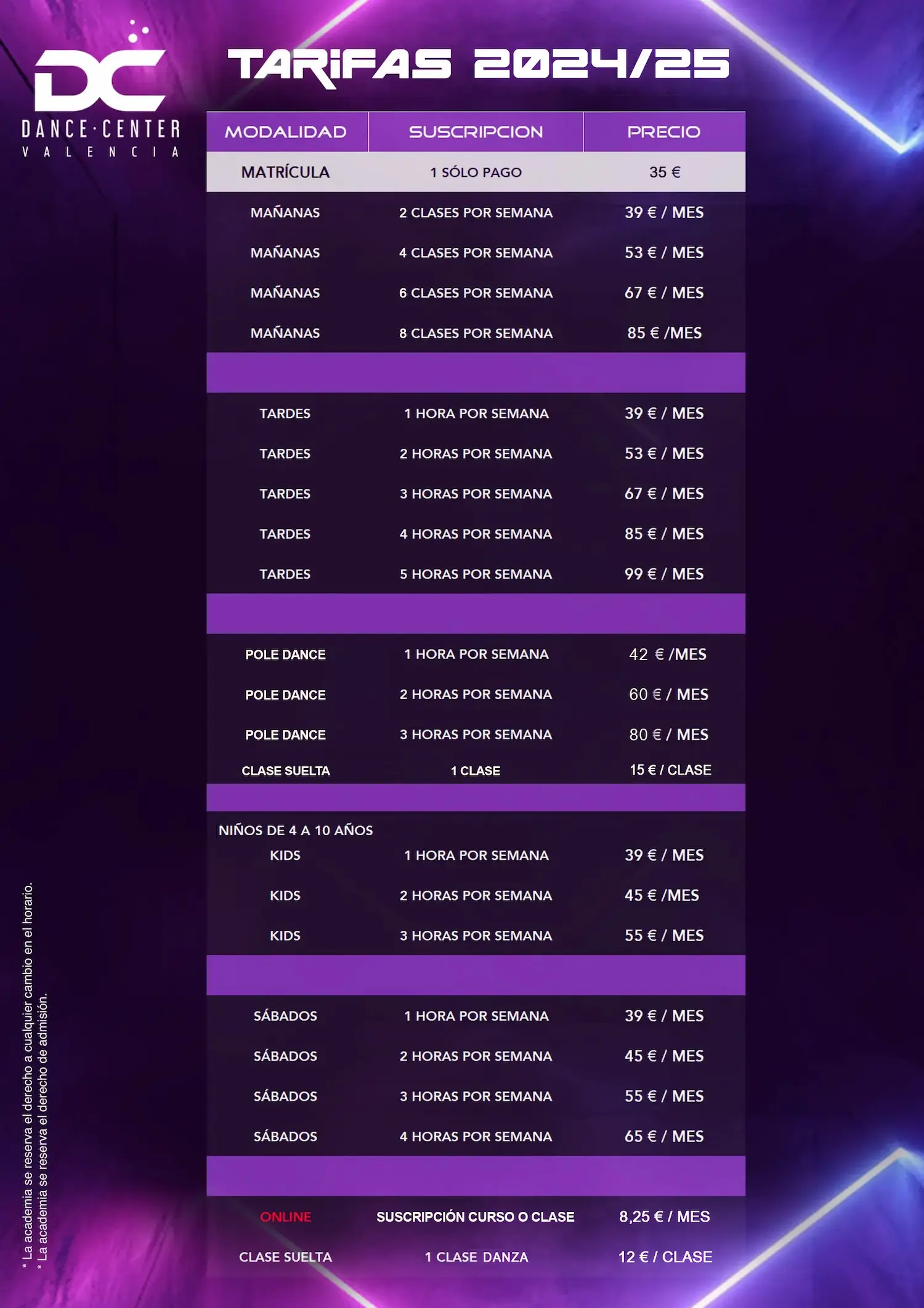 tarifas dance center valencia curso 24/25